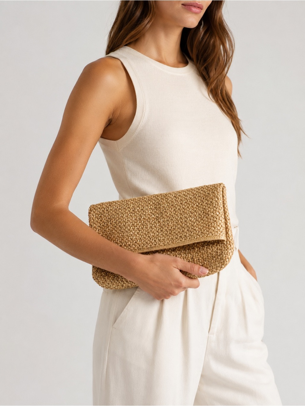 Club Monaco Woven Leather Clutch Butter Yellow Tan Foldover Zip Leather